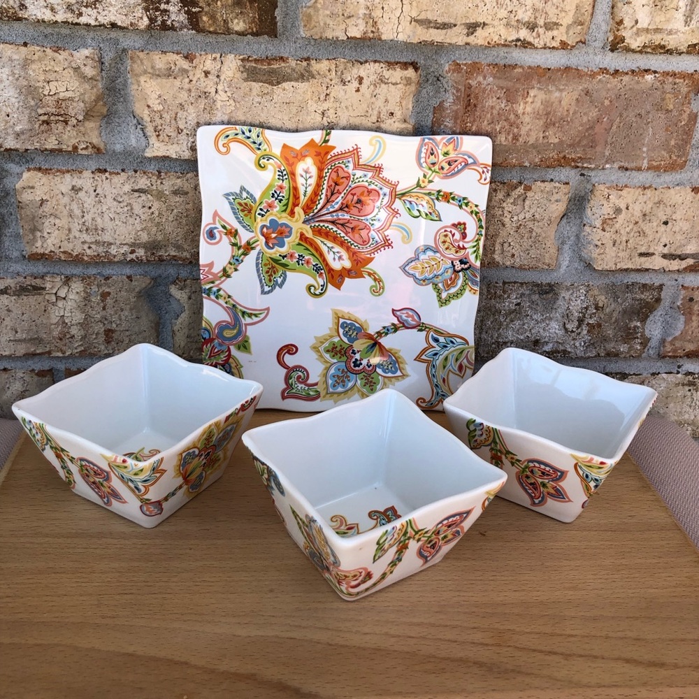 222 Fifth Indochine Paisley Ceramic Set Of 1 Snack Plate & 3 Dipping Bowls - Picture 2 of 16